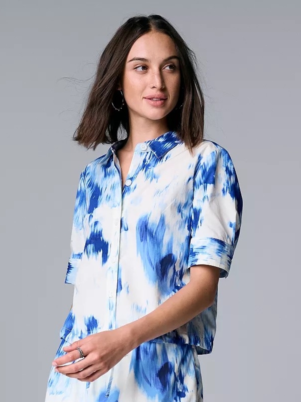 Simply Vera Vera Wang Blue and White Printed Button-Up Top
